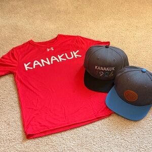 Kanakuk Lot Red Kids UA T-Shirt & Flat Billed Hats Size Medium